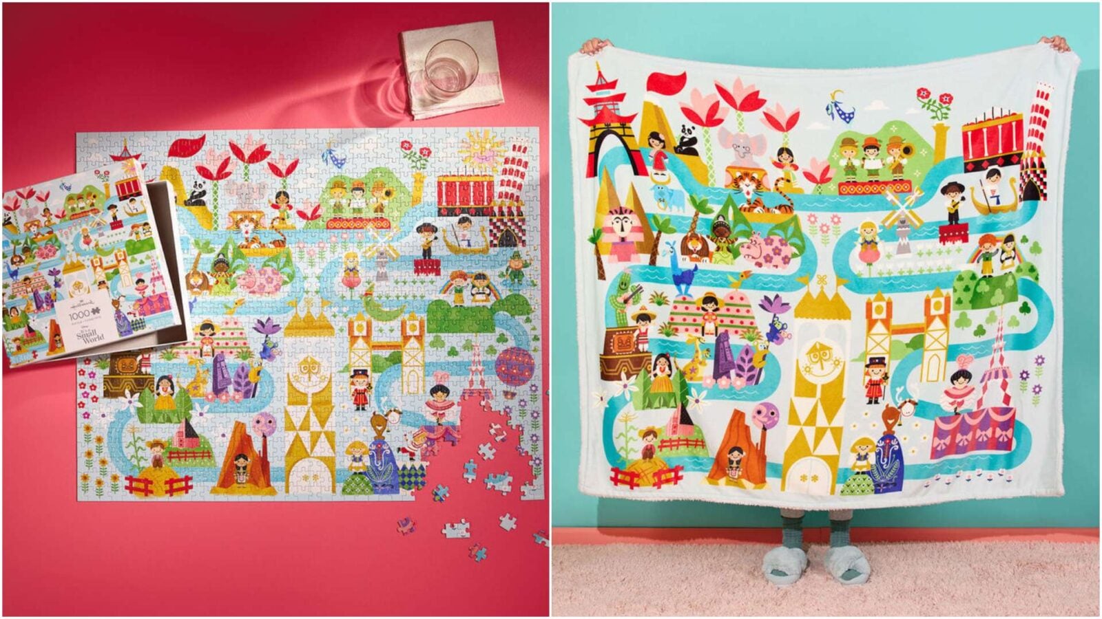 Left panel shows a completed childrens puzzle with a colorful city scene on a pink surface with a few pieces nearby and a glass on top right panel shows a person holding a large illustrated blanket depicting a whimsical cityscape and river scene against a teal wall