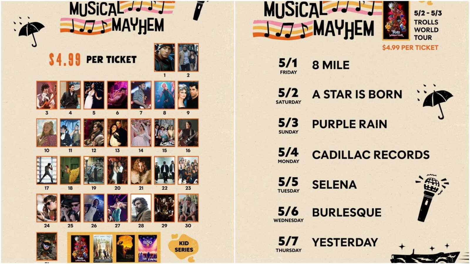 Musical Mayhem poster with a grid of film thumbnails on the left and a daily schedule on the right