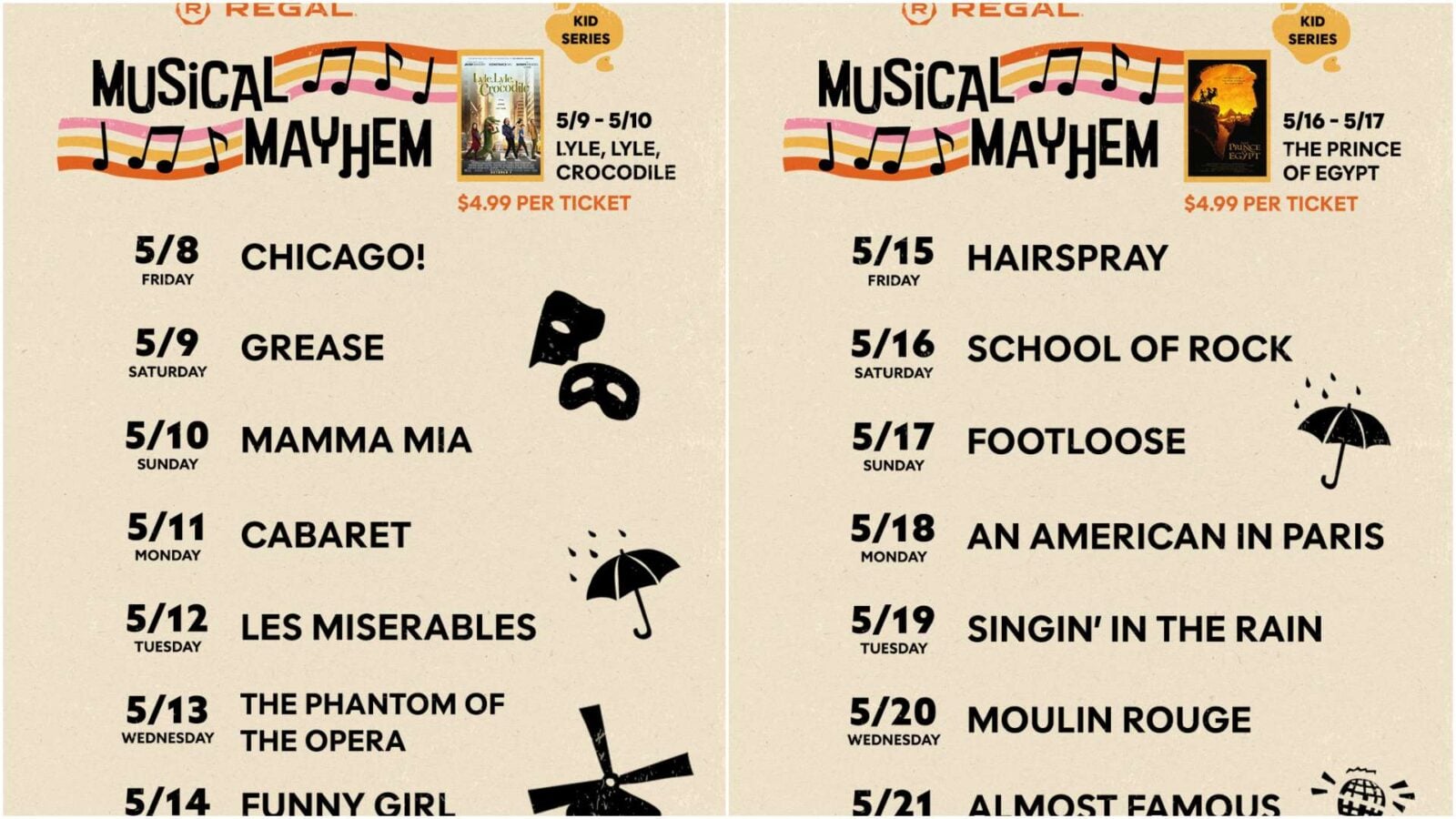 Two beige poster columns list May musical show dates and titles left column Chicago Grease Mamma Mia Cabaret Les Miserables right column Hairspray School of Rock Footloose An American in Paris Singin in the Rain Moulin Rouge with small theater icons masks umbrella