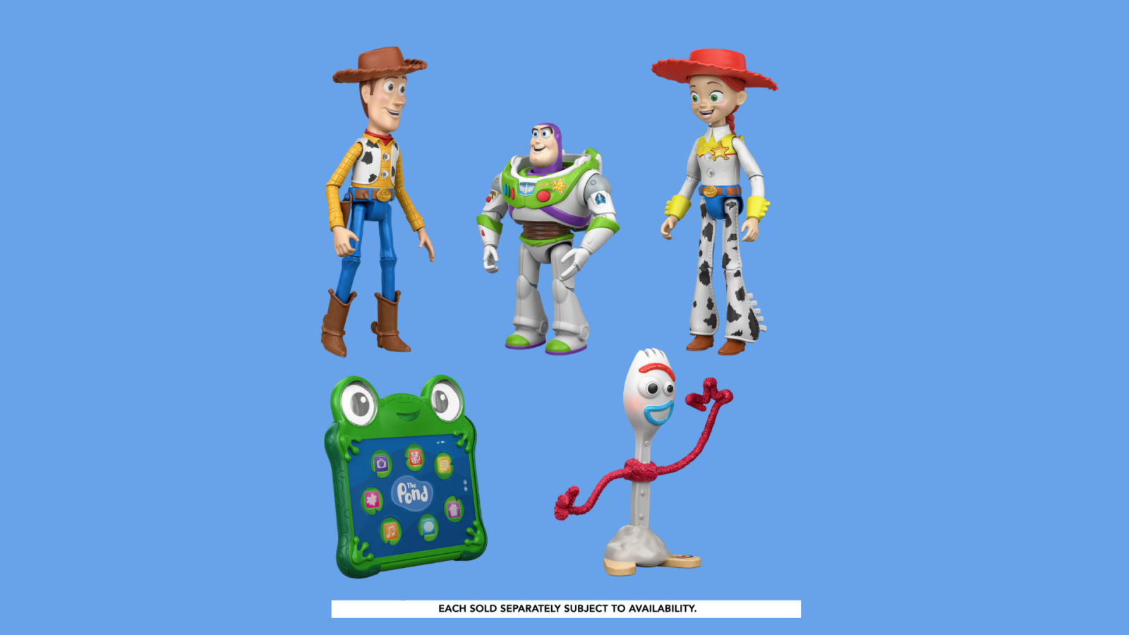 Group of Toy Storystyle figures Woody Buzz Lightyear Jessie with a green frog shaped tablet and a Mr Potato Head figure set against a blue background calm playful scene