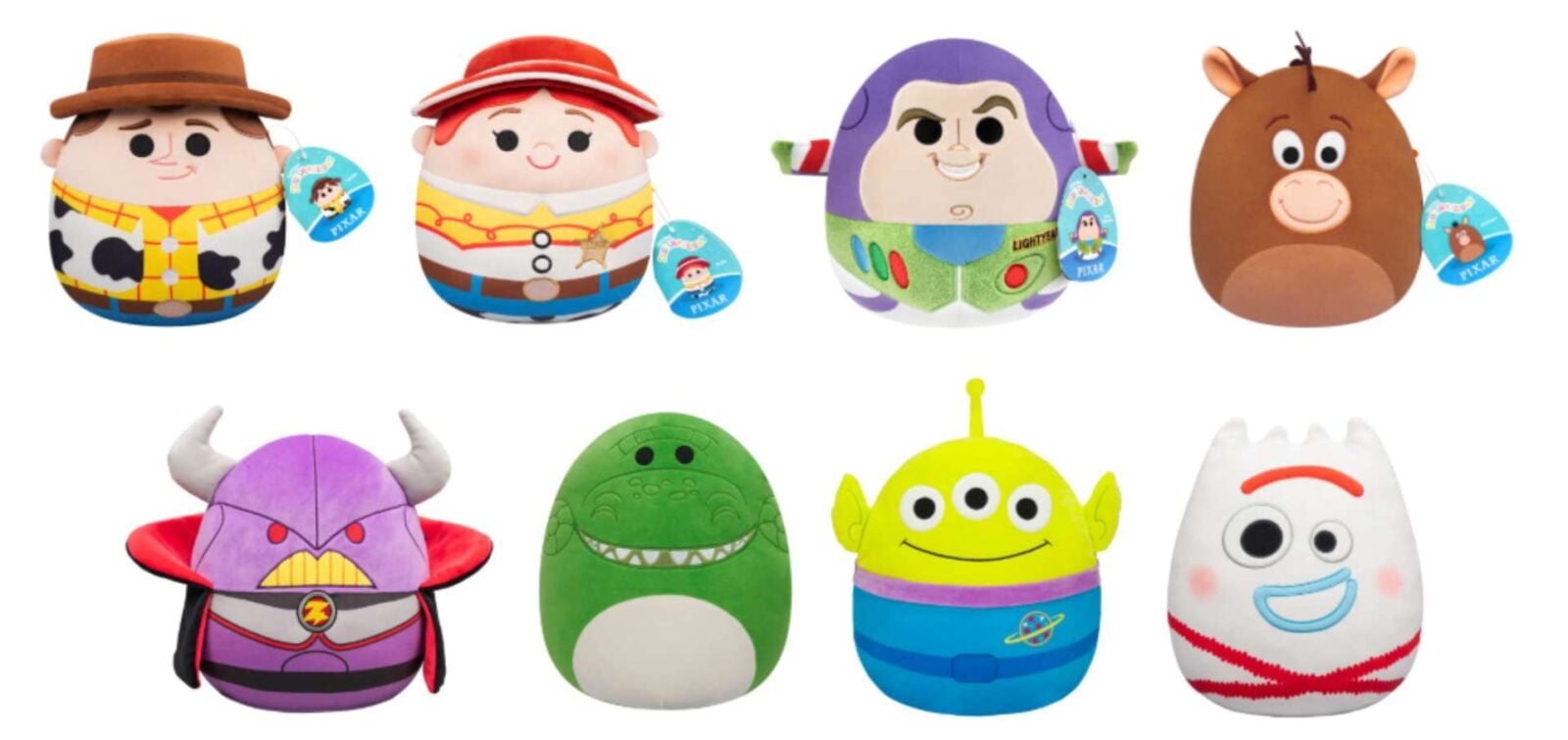 Row of colorful Toy Story character plush eggs Woody Jessie Buzz Lightyear Bullseye in a reusable ball style plush set