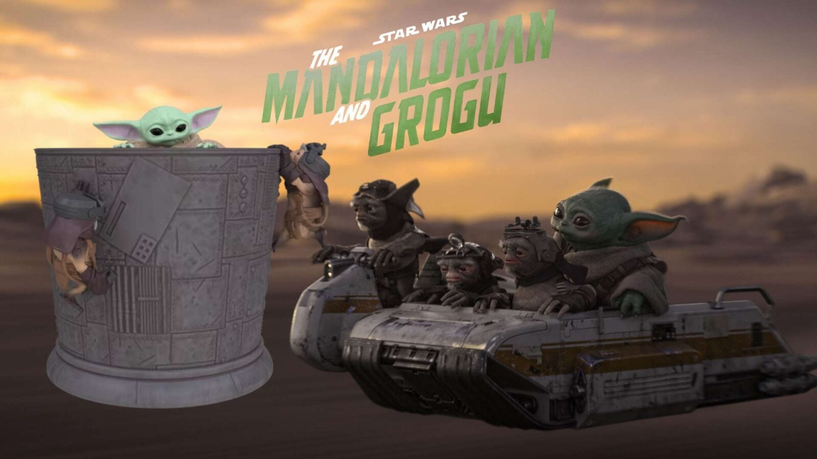 Grogu peeks from a carved pedestal while the Mandalorian and companions ride a dusty vehicle at sunset in a desert