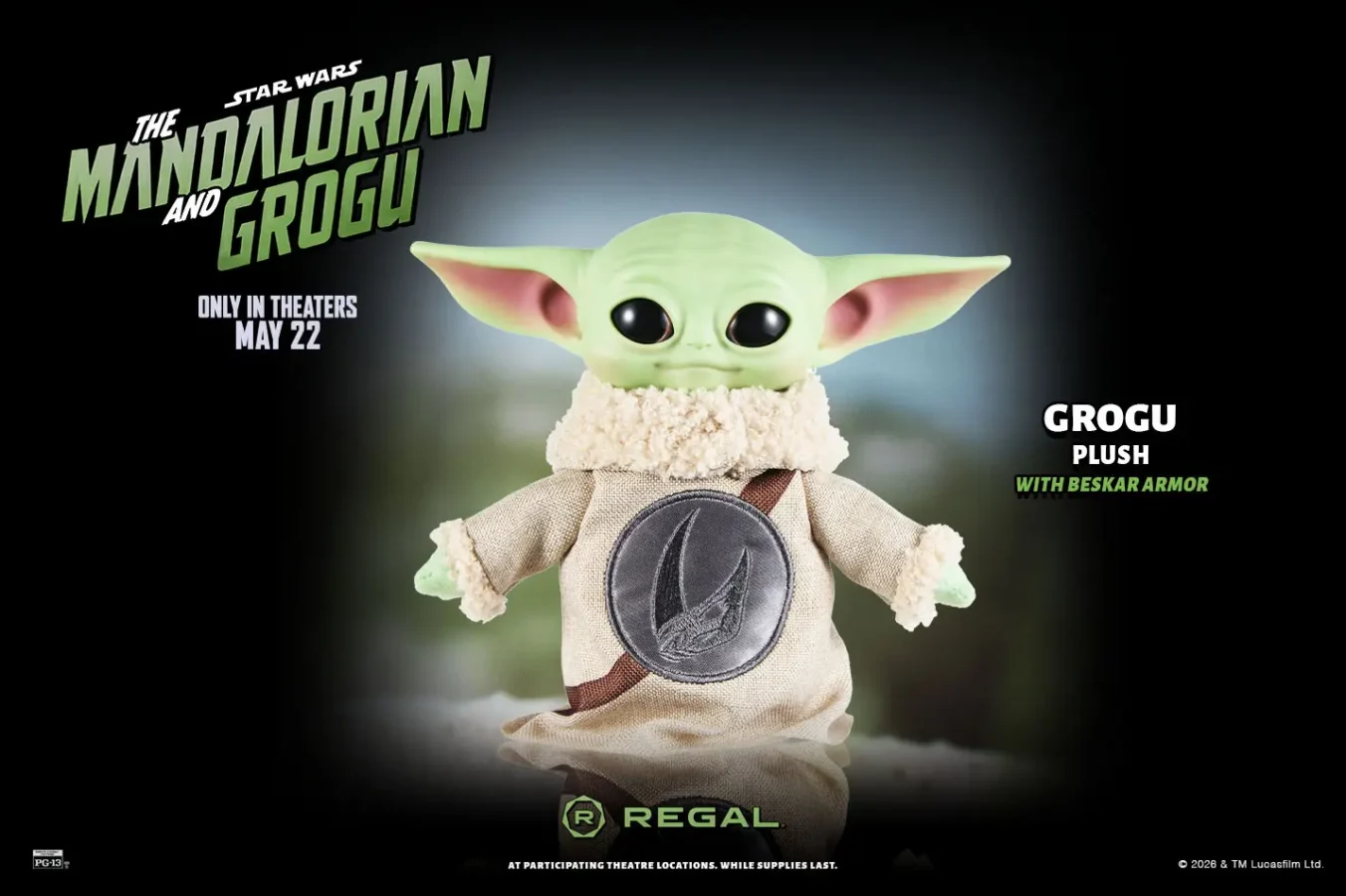 Grogu plush toy from The Mandalorian on a dark cinematic poster with green logo text and Regal branding at the bottom
