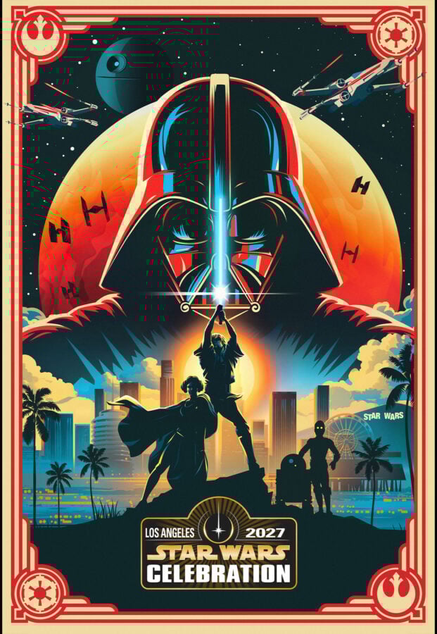 swc2027keyartlargejpgcoredownload761781955 Fantasy Land News Promotional poster for Star Wars Celebration 2027 in Los Angeles with a giant Darth Vader helmet over a sunset city skyline and hero silhouettes in the foreground