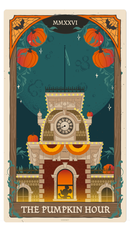 Halloween themed poster titled'The Pumpkin Hour' featuring a decorated clock tower, pumpkins along the edges, and string lights against a teal night sky MMXXVI.