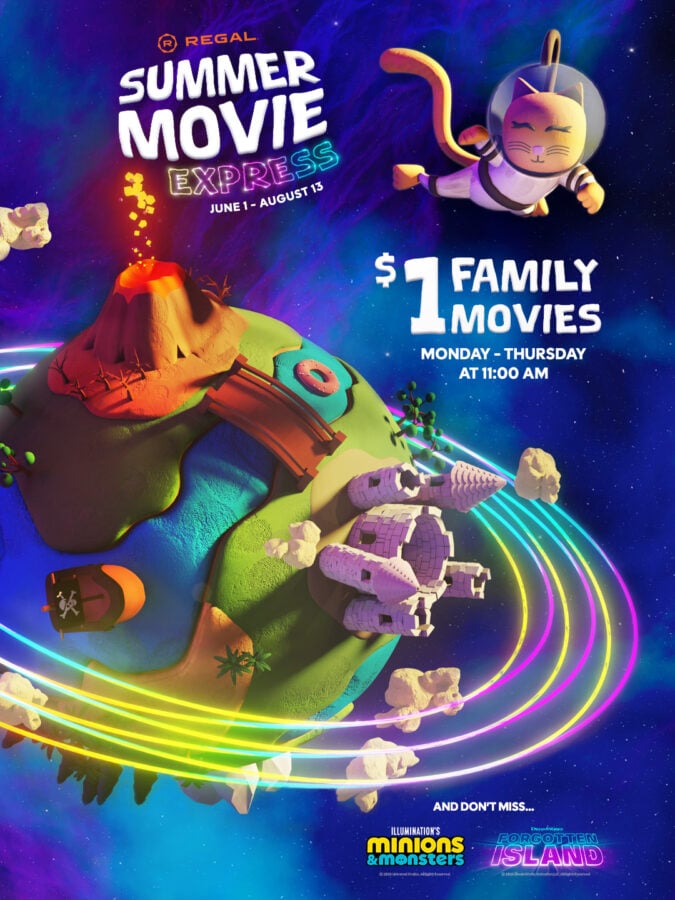 Colorful space themed poster for Regals Summer Movie Express promoting  alt=