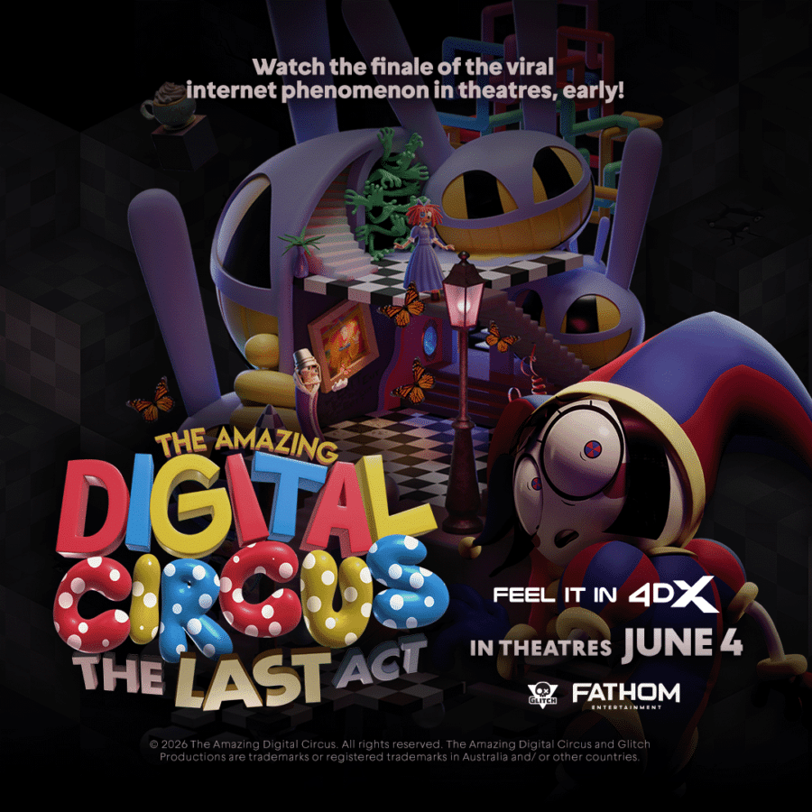 Promotional poster for The Amazing Digital Circus The Last Act with a colorful surreal stage and bold title text