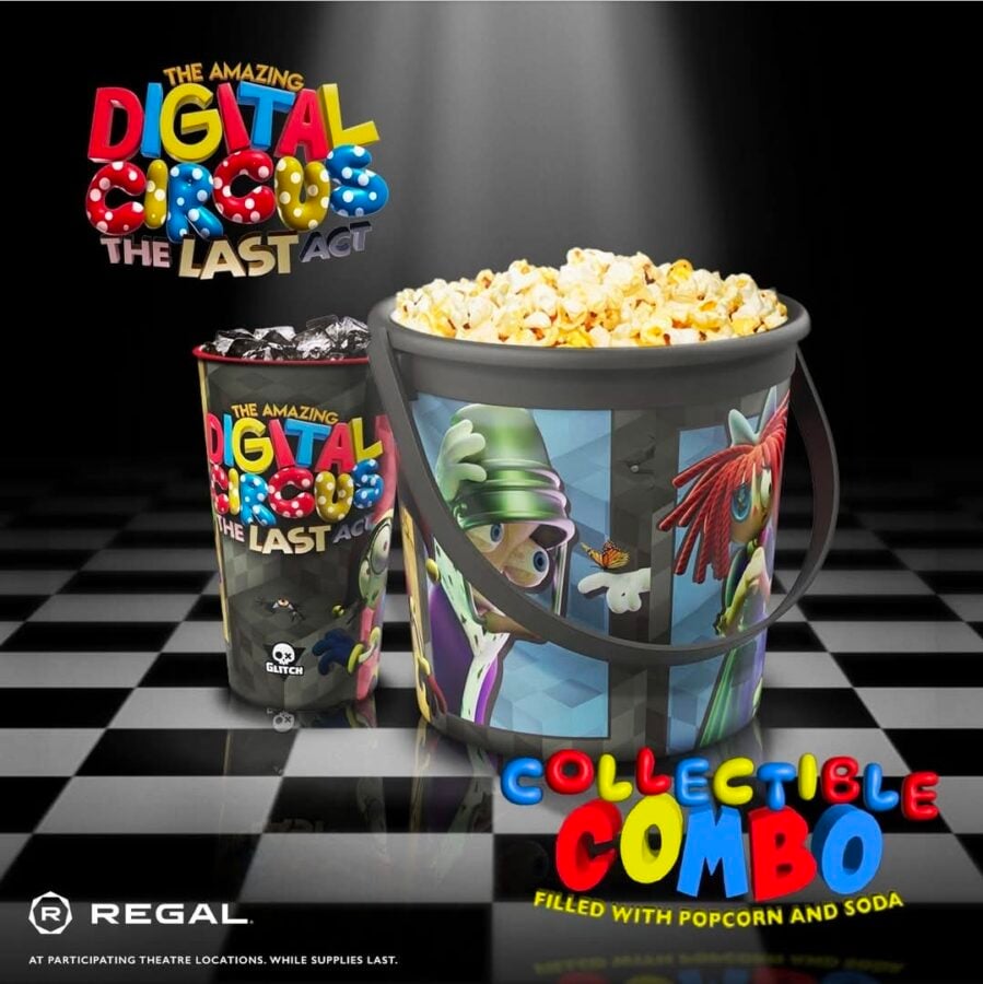 1000050543 Fantasy Land News Promotional image for The Amazing Digital Circus The Last Act featuring a large popcorn bucket and a soda cup with colorful artwork on a checkered floor Regal logo in corner