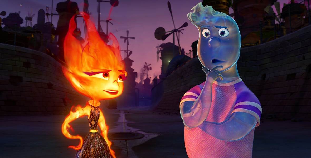 Animated scene with a fire haired girl in a dress talking to a blue translucent boy in a pink shirt in a dim eerie urban alley at dusk