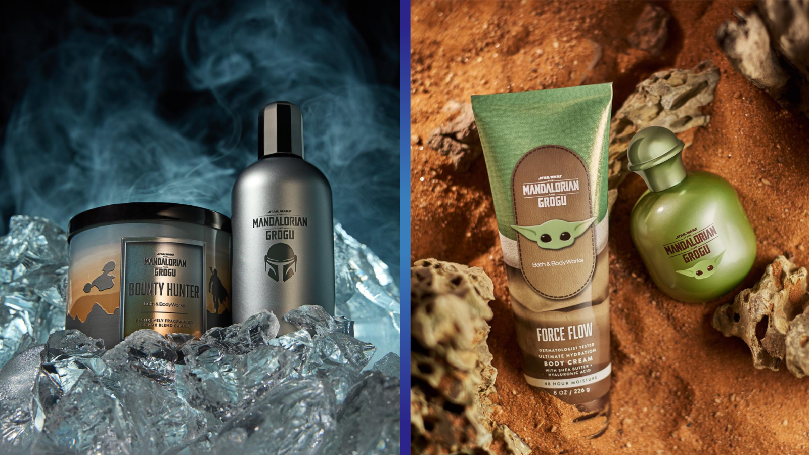 Collage of Star Wars Mandalorian and Grogu bath and body products left with icy candles and lotion right with Grogu themed tube and green bottle set against a desert rocky background