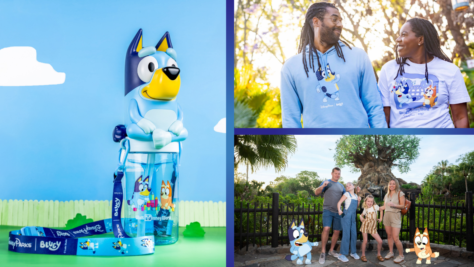 2026WDWBlueyAnimalKingdomHeaderUpdated Fantasy Land News Disney World collage a blue cartoon dog water bottle on a bright blue background on the left with two people in matching Disney shirts and a family at a park on the right