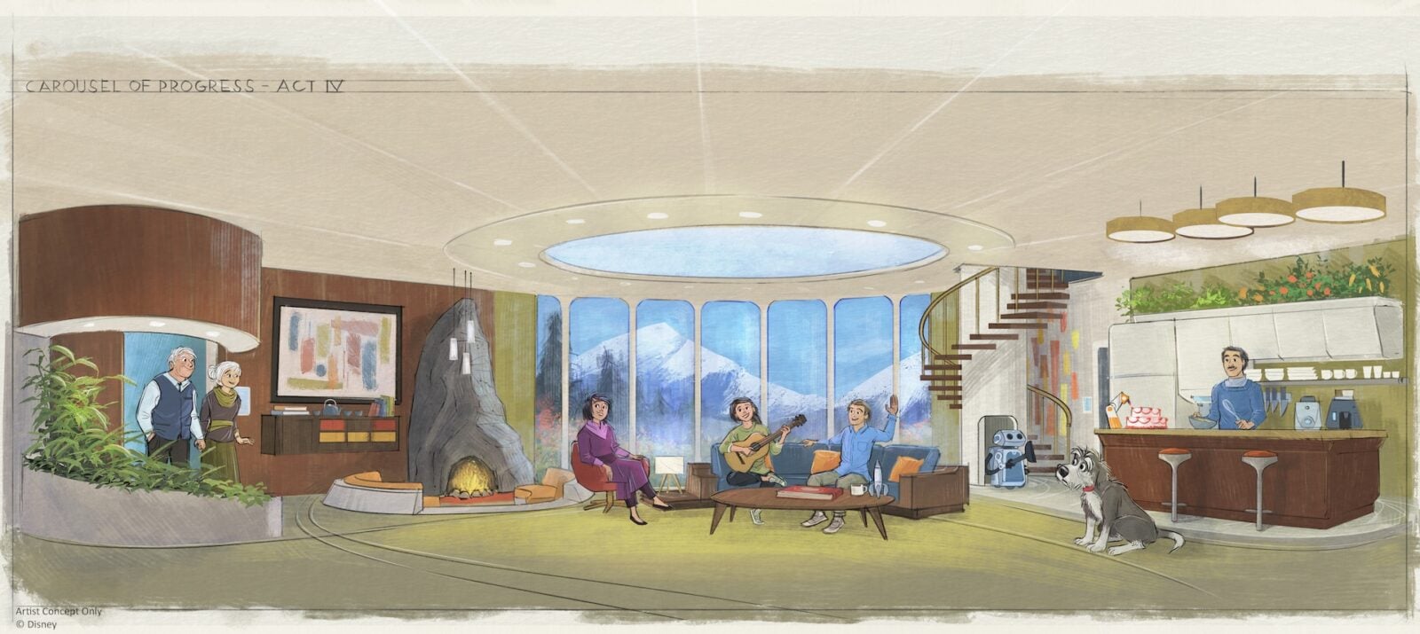 Spacious lobby with curved glass wall showing mountains guests chat a guitarist sits with a woman and a dog rests near the cafe area
