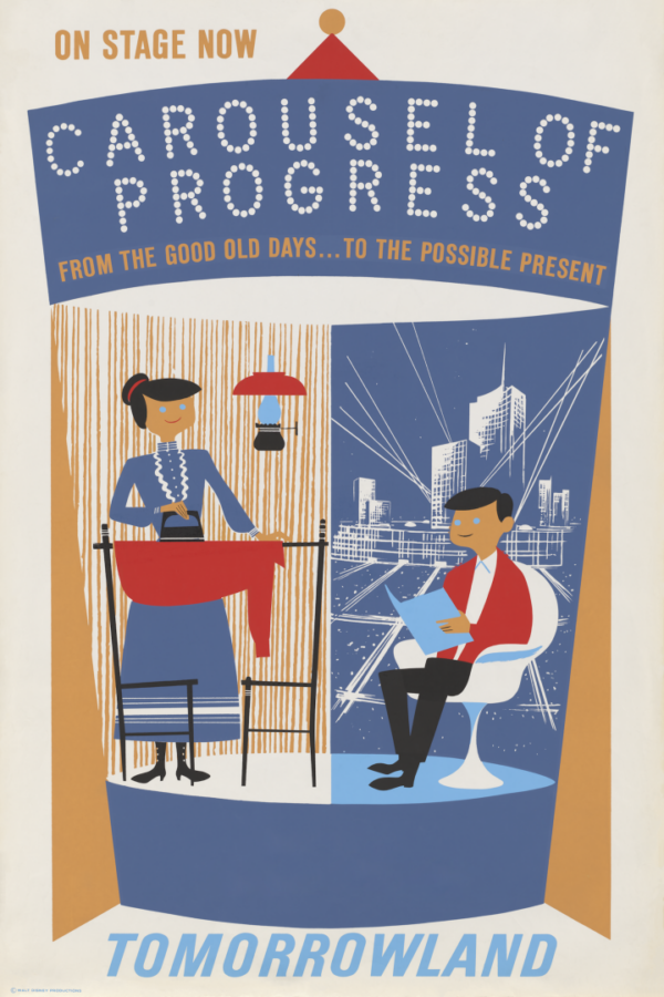Vintage poster for Carousel of Progress at Tomorrowland showing a Victorian dressed woman on the left and a man reading on the right in a futuristic set