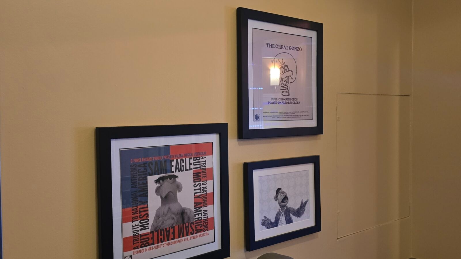 Framed posters hung on a beige wall in a gallery style arrangement including a The Great Gonzo cartoon poster in a black frame on the right