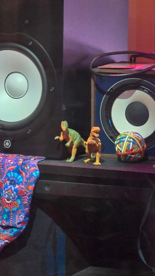 Two small dinosaur figurines sit on a shelf next to a rainbow rubber band ball and a large speaker with colorful fabric nearby