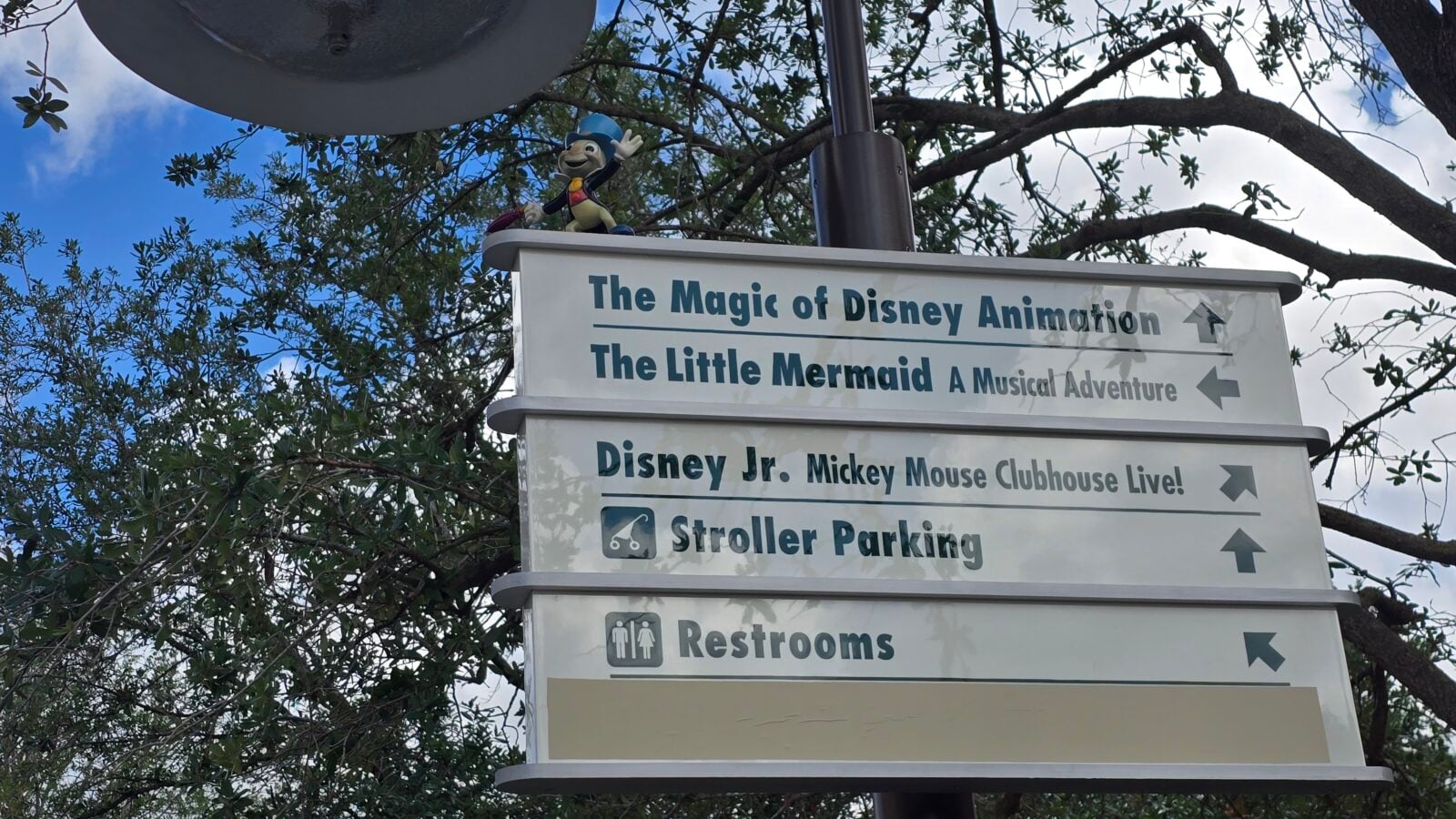 Mickey Mouse statue perched on top of a multi directional sign at a Disney theme park with trees and blue sky in the background