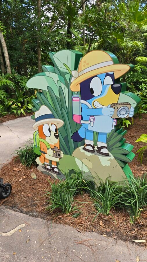 20260525104953 Fantasy Land News Colorful cartoon cutouts of two dogs wearing explorer outfits among tropical plants one with a hat and camera