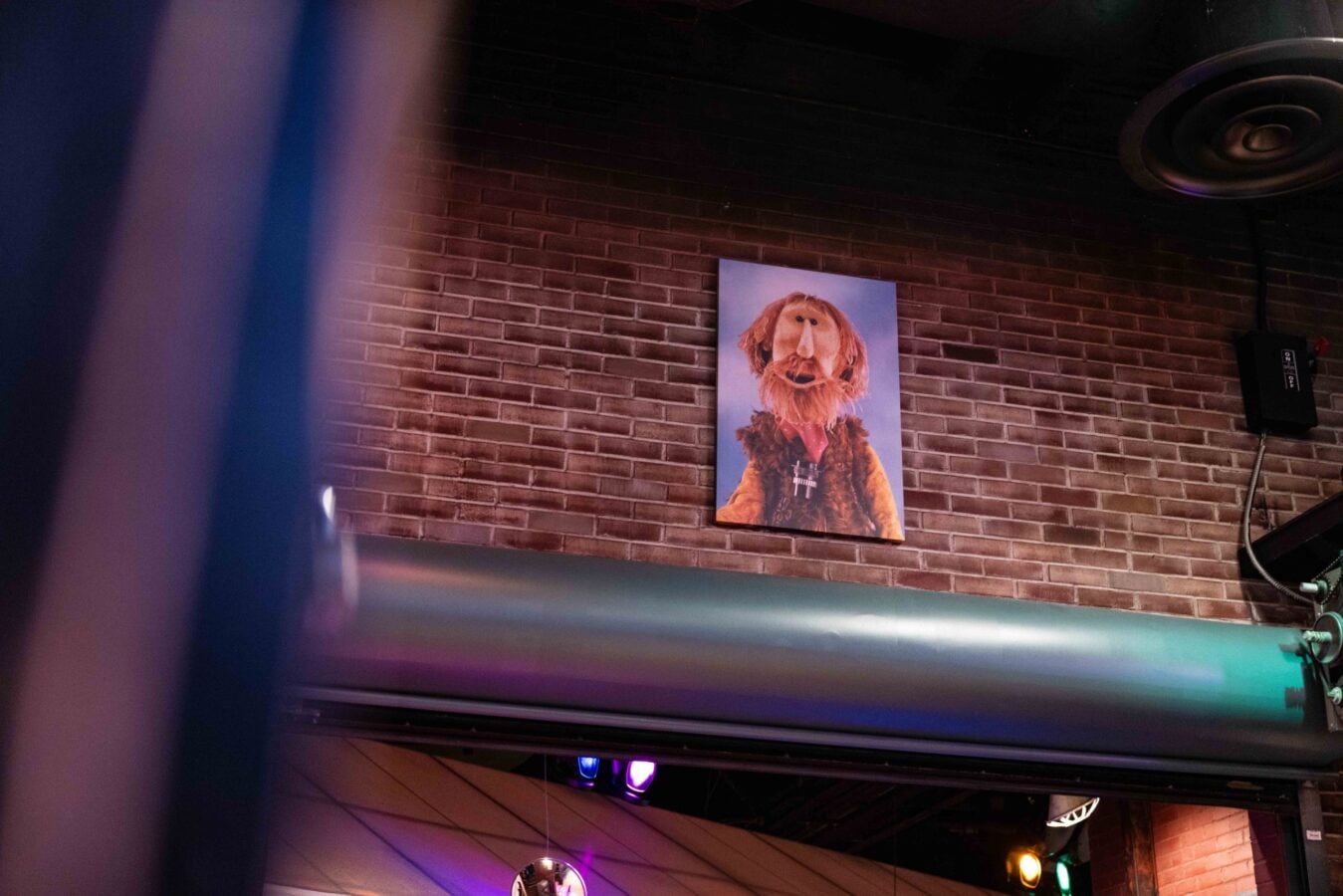 Poster of a shaggy bearded dog portrait on a brick wall in a dim nightlife setting