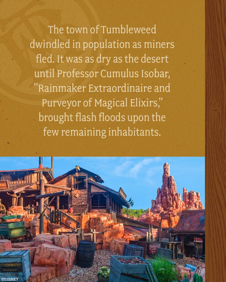 Text on a yellow panel narrates a desert town story above a rustic western town scene with rock formations and wooden buildings