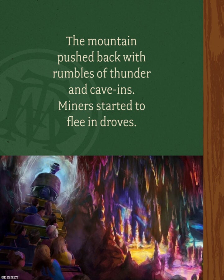 Green panel with the dramatic quote about miners fleeing a rumbling mountain bottom shows a colorful cave ride with passengers strapped in