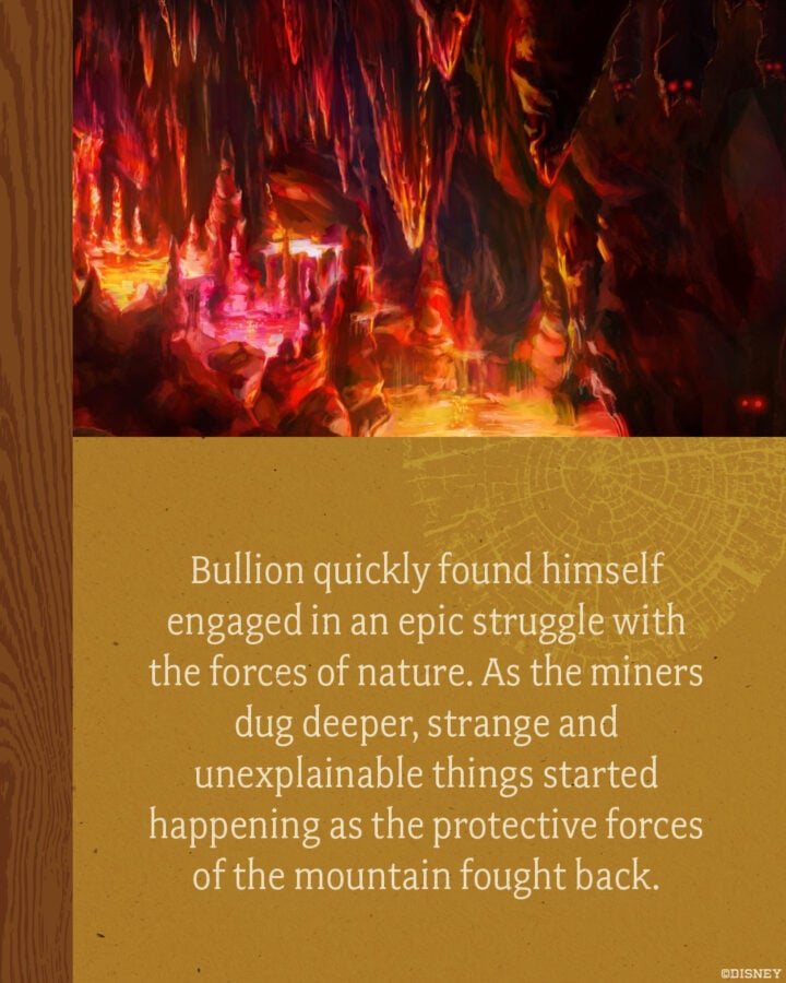 Lava lit cave scene at the top with a mustard colored panel beneath containing a Disney quote about miners and nature