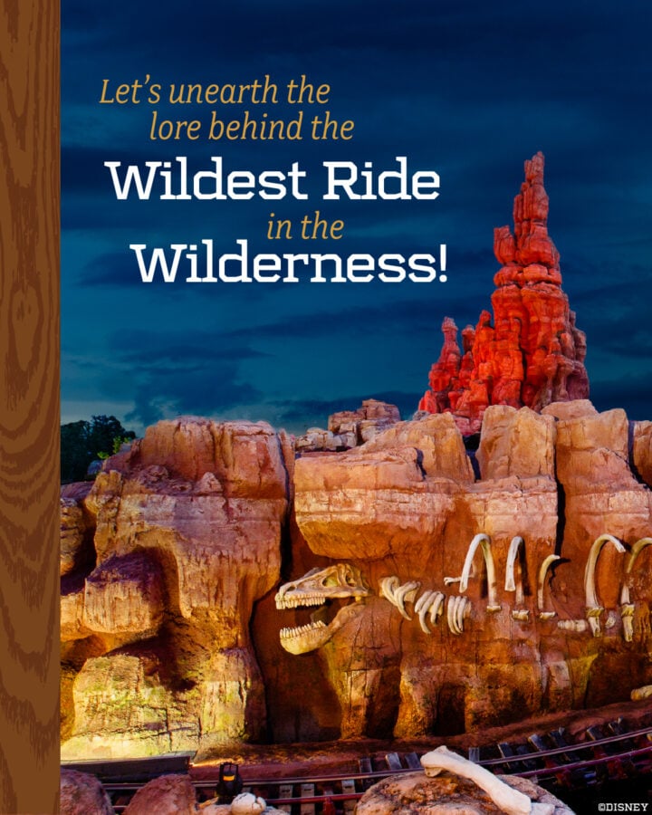 Promotional poster with red rock formations and a dinosaur skeleton along the rocks overlaid with the headline about the Wildest Ride in the Wilderness