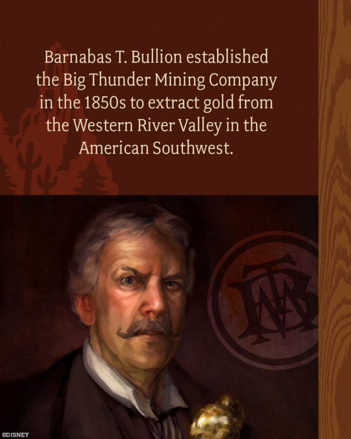 Poster style image with text about Barnabas T Bullion founding the Big Thunder Mining Company in the 1850s plus a portrait of a man with a gold nugget