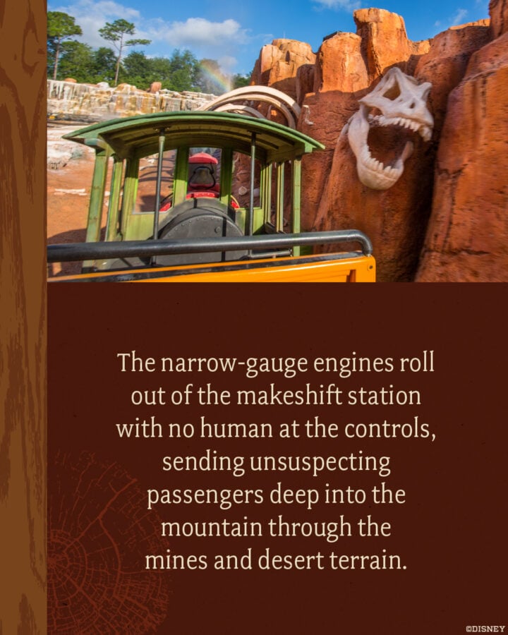 Green locomotive on an orange rocky ride with a large dinosaur skull on the wall brown poster overlay shows the quote about narrow gauge engines and passengers entering the mountain