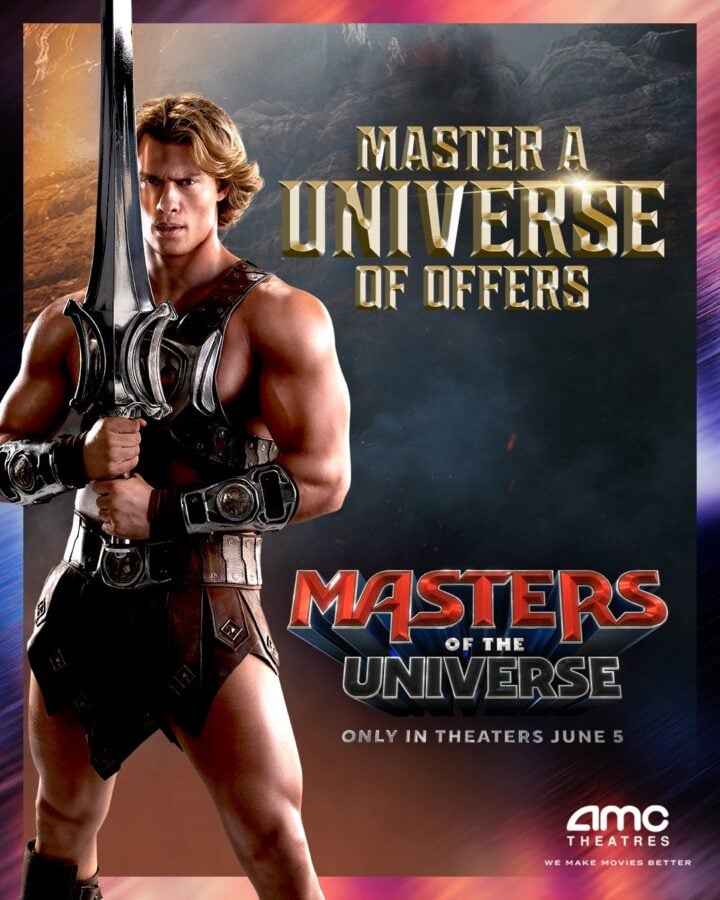 Promotional poster for Masters of the Universe muscular warrior in armor grips a large sword with bold gold title and theater logo in the corner
