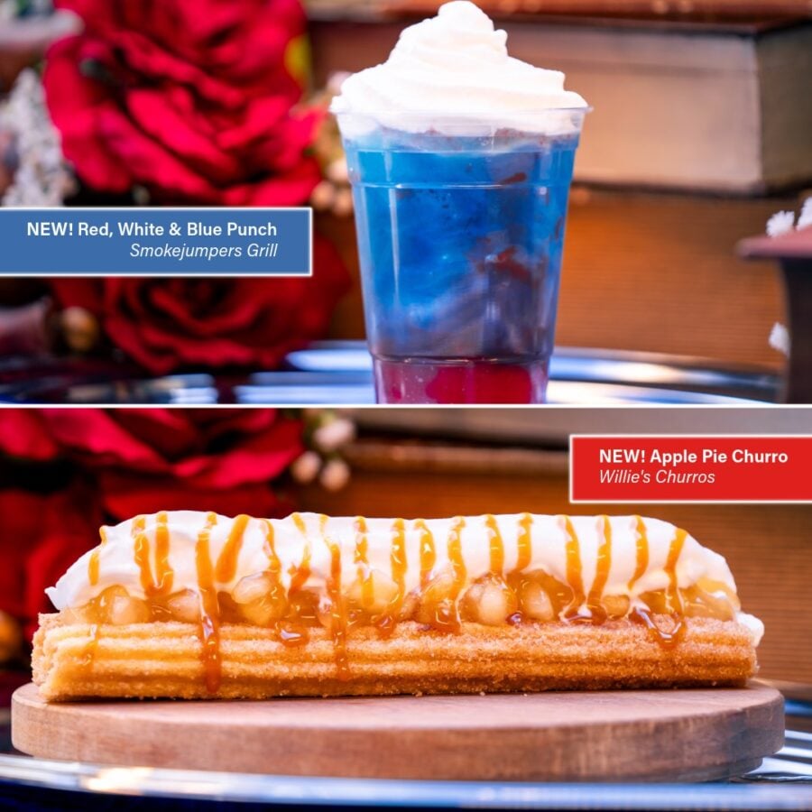 69838156113936881828059031002632175638908212n Fantasy Land News Ad collage advertising two new treats a blue punch drink with whipped cream above and an apple pie churro with caramel below on a wooden board