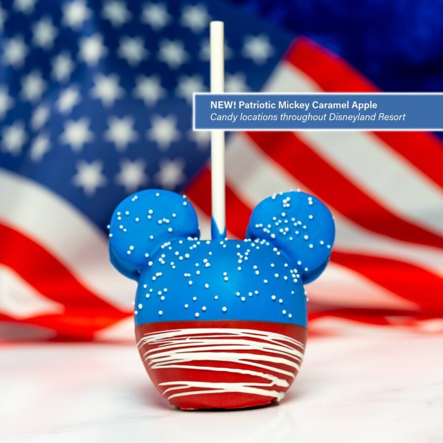 69855819213936881794725707695912362206010308n Fantasy Land News Patriotic blue Mickey shaped caramel apple with white sprinkles and red striped base set against an American flag backdrop