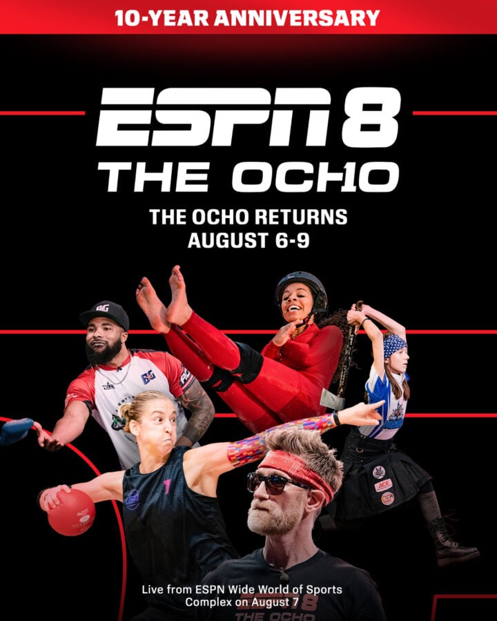 Promotional poster for ESPN8 The Ochos 10 year anniversary featuring action shots of diverse athletes and bold white text announcing August 69