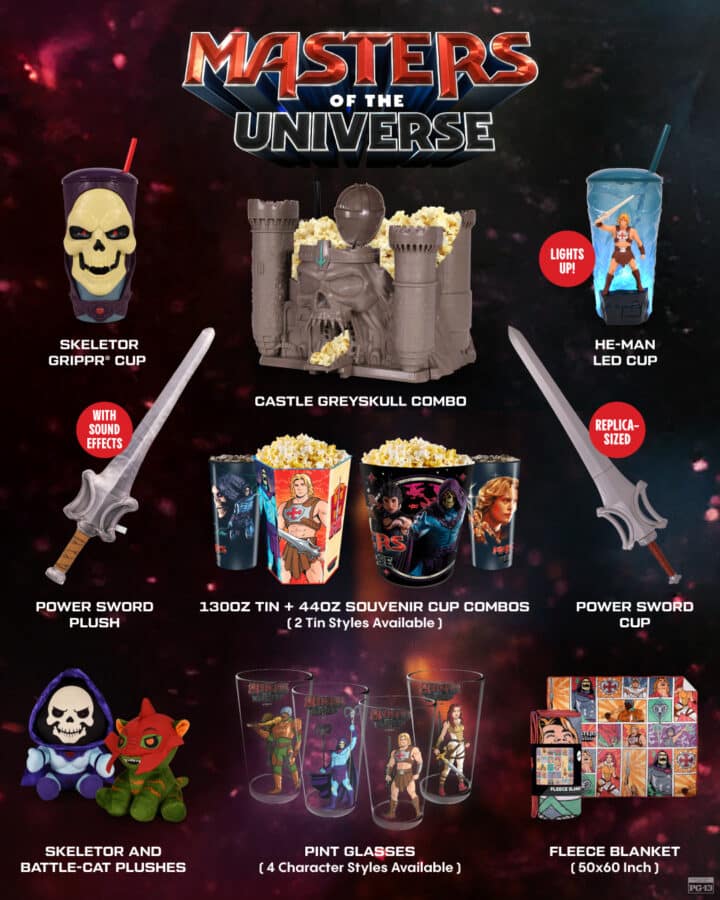 Masters of the Universe promo collage with Castle Greyskull centerpiece Skeletor and He Man cups swords popcorn cups plush toys pint glasses and a fleece blanket