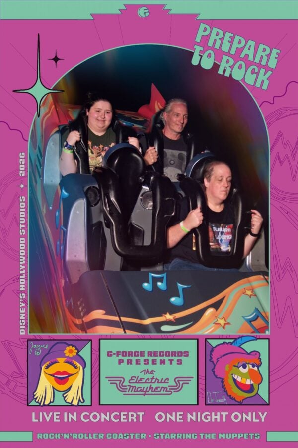 Three riders strapped into a roller coaster car on a retro neon poster advertising a live rock concert titled Prepare to Rock
