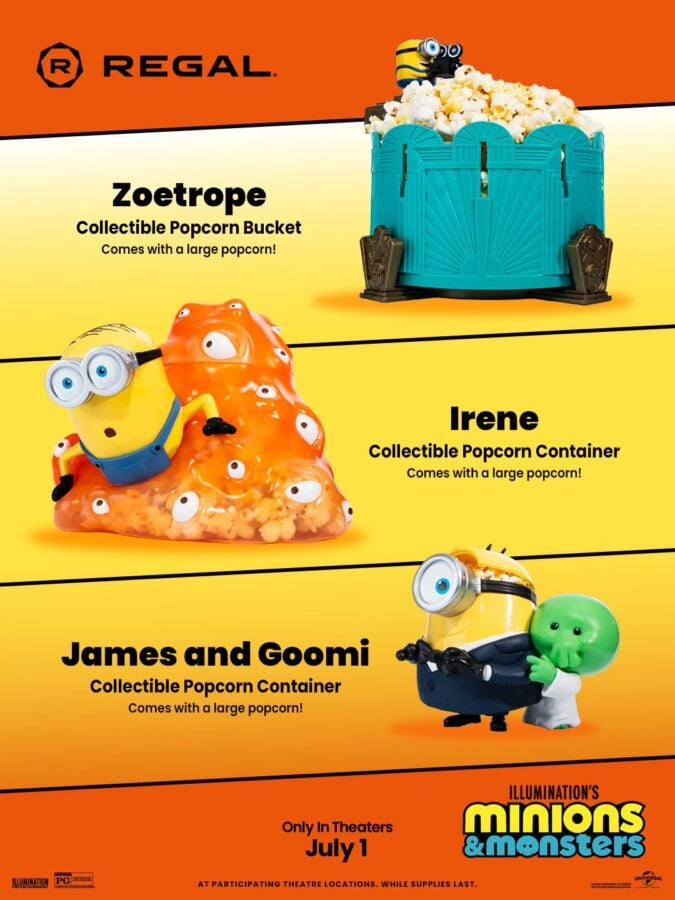 70796518422407419700222586078134052625593092n Fantasy Land News Promotional poster for Minions Monsters featuring three collectible popcorn containers and popcorn with Regal branding at top