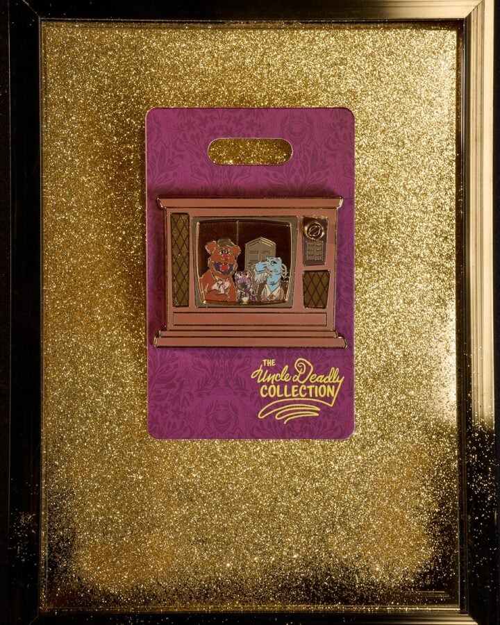 Purple collectible card from The Uncle Deadly Collection featuring a vintage TV with three characters on the screen set against a gold glittery background