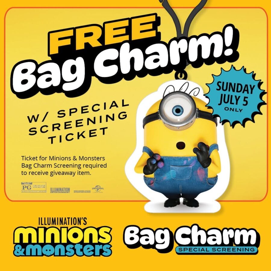 Bright yellow promotional poster advertising a free bag charm for Illuminations Minions  Monsters featuring a yellow minion in overalls with a large FREE Bag Charm headline