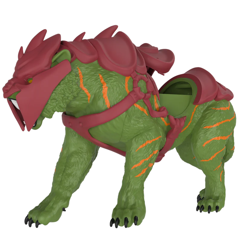 Green toy dragon with pink armor and a saddle standing on all fours with orange stripes on its body