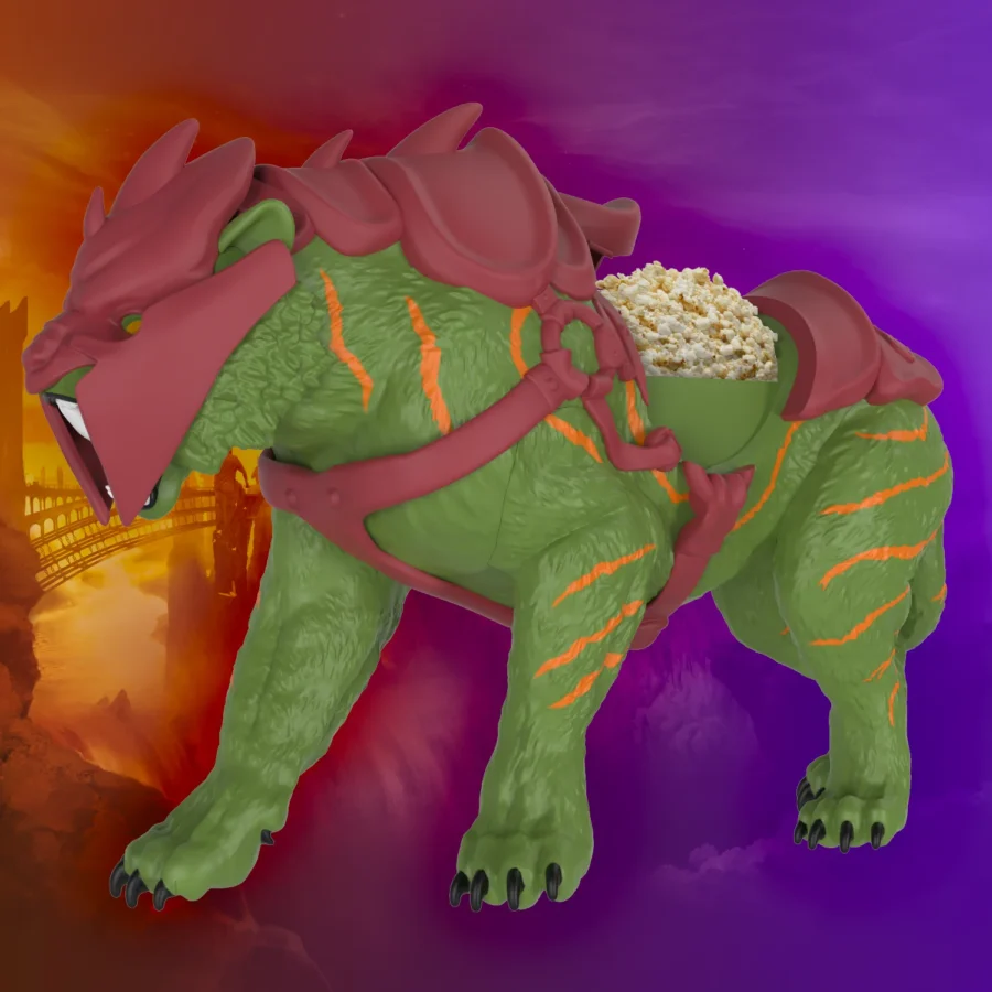 BATTLECATBUCKETHERO Fantasy Land News Green dragon like creature wearing pink armor carrying a popcorn filled saddle on its back against a vivid orange purple sky
