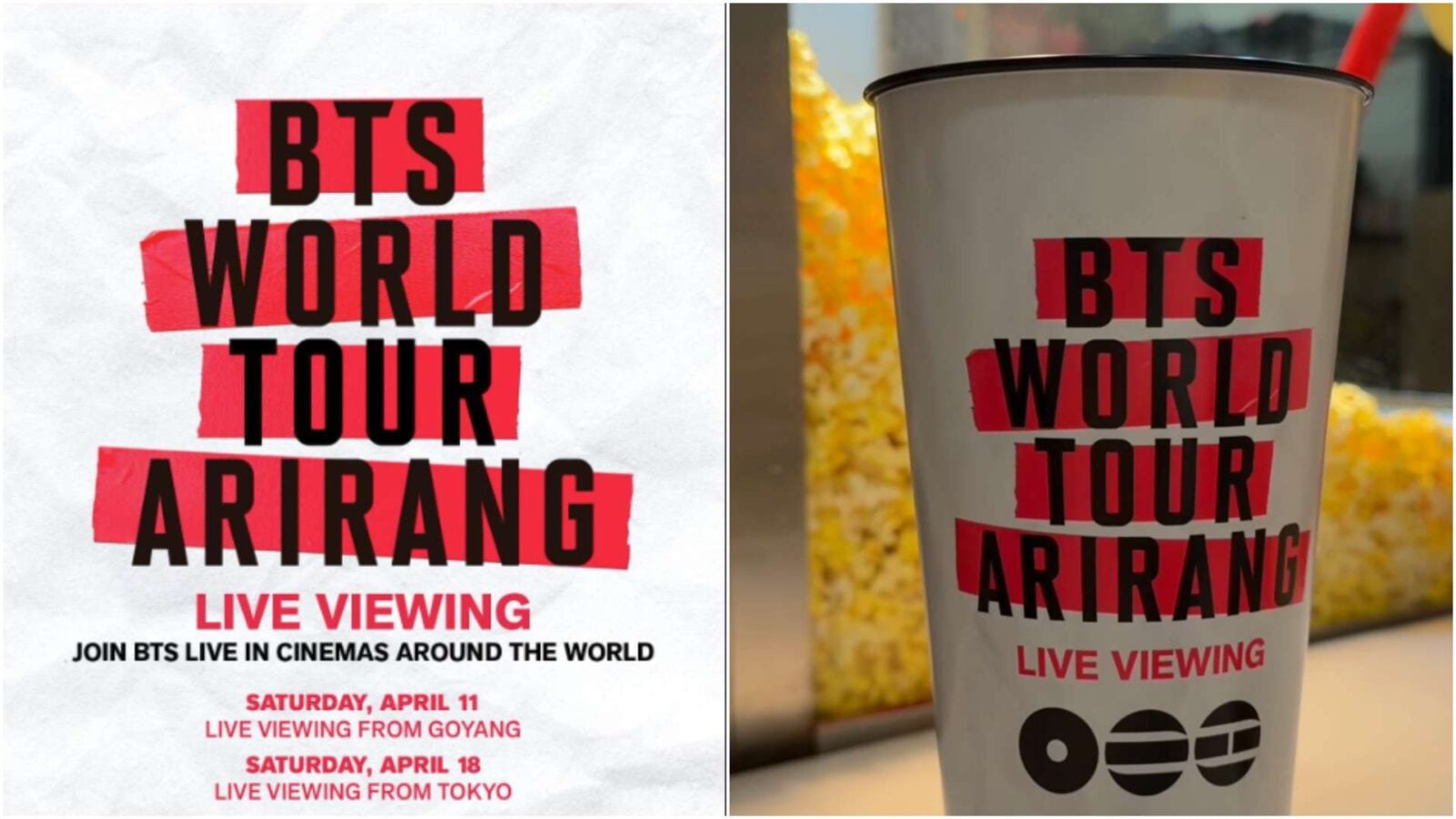 Poster and cup promoting BTS World Tour ARIRANG with LIVE VIEWING text and bold red taped title