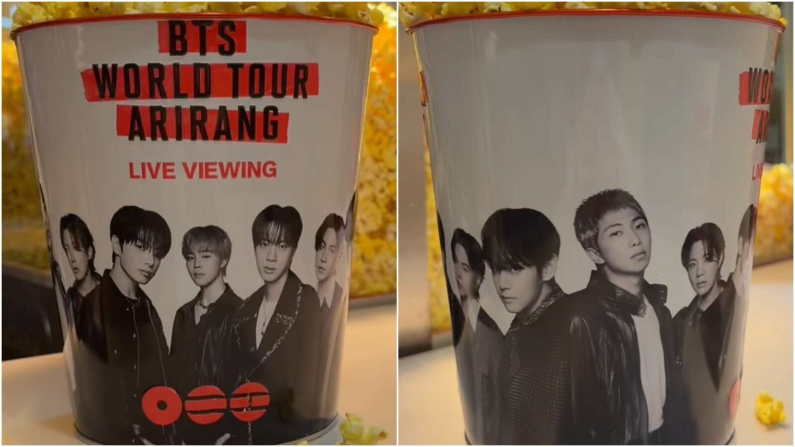 Cup promoting BTS World Tour Arirang Live Viewing with a black and white BTS group image on the side