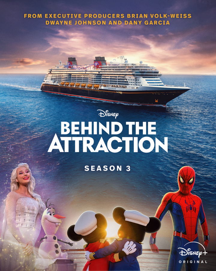 Promotional poster for Disney+ Behind the Attraction Season 3 a large cruise ship at sea at sunset with Elsa Olaf Mickey Mouse Minnie Mouse and Spider Man in the foreground