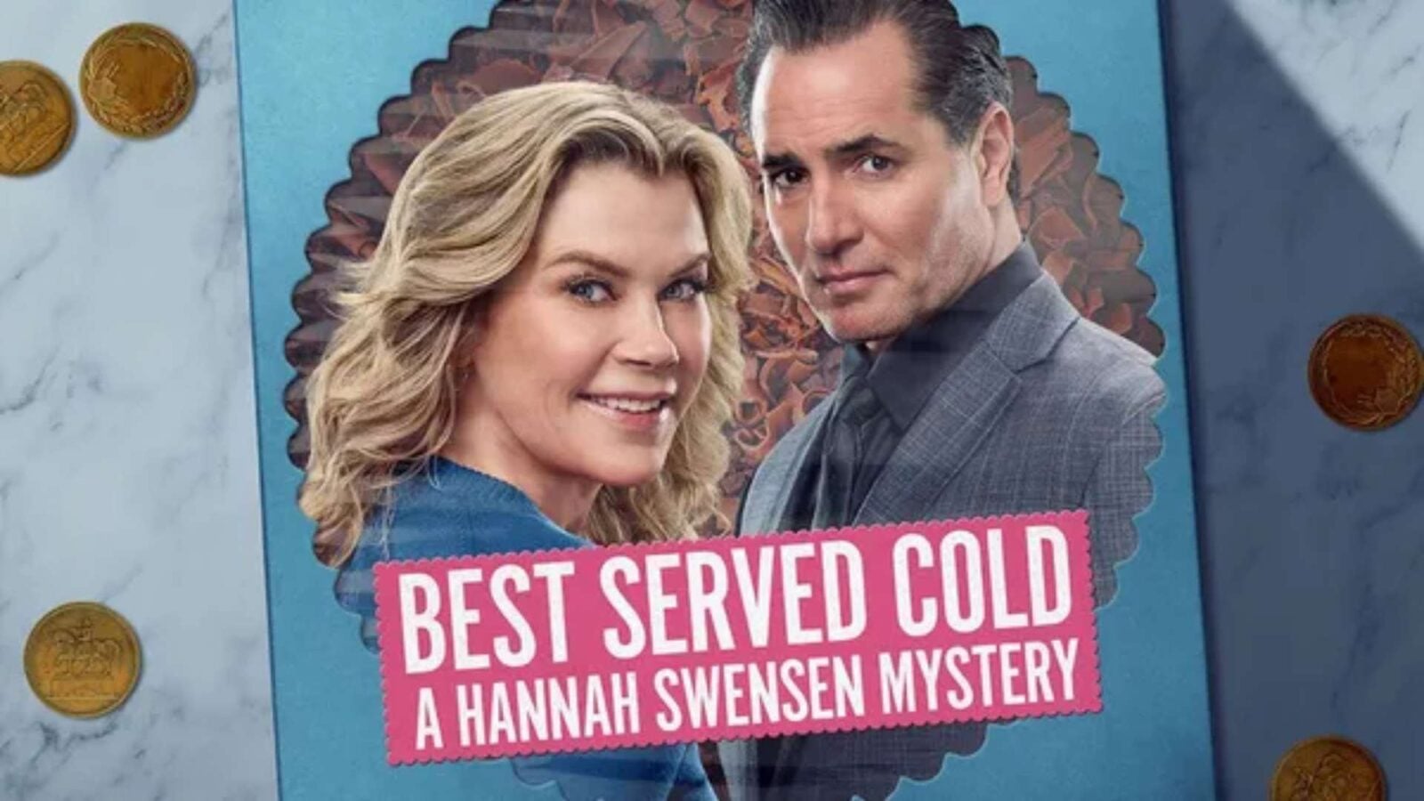 Poster for Best Served Cold A Hannah Swensen Mystery featuring a smiling woman and a man in a suit