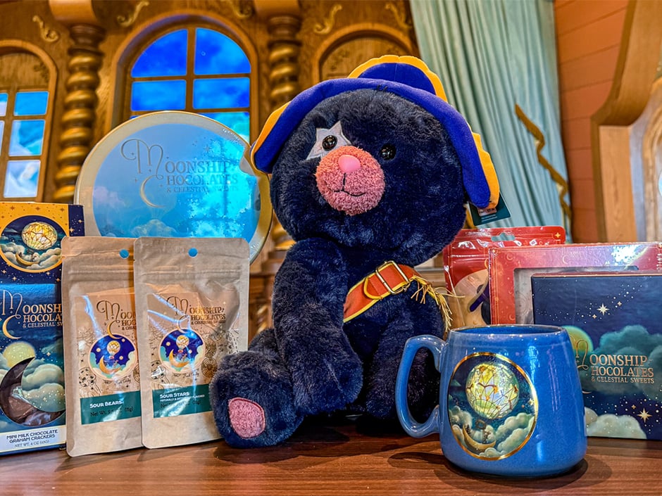 CaptainCacaoHero Fantasy Land News Blue teddy bear wearing a blue and gold hat sits among Moonship Chocolates packaging and a blue mug with a globe design on a wooden surface