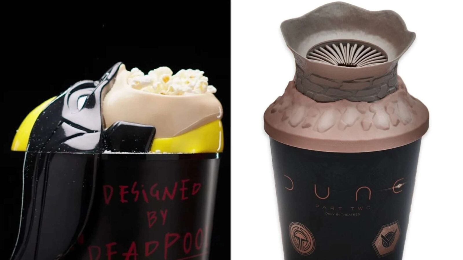 Two coffee cups shown side by side the left cup features a crushed sneaker and popcorn spilling from the lid against a dark background the right cup has a brown sculpted lid resembling clay