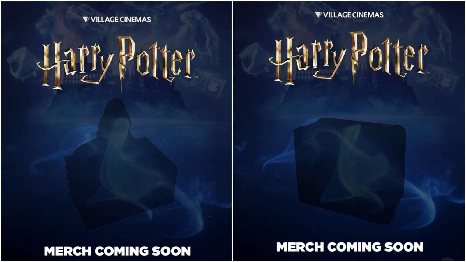 Two dark blue promotional posters side by side for Harry Potter merch with a golden logo and Merch Coming Soon text at the bottom and Village Cinemas branding at the top left