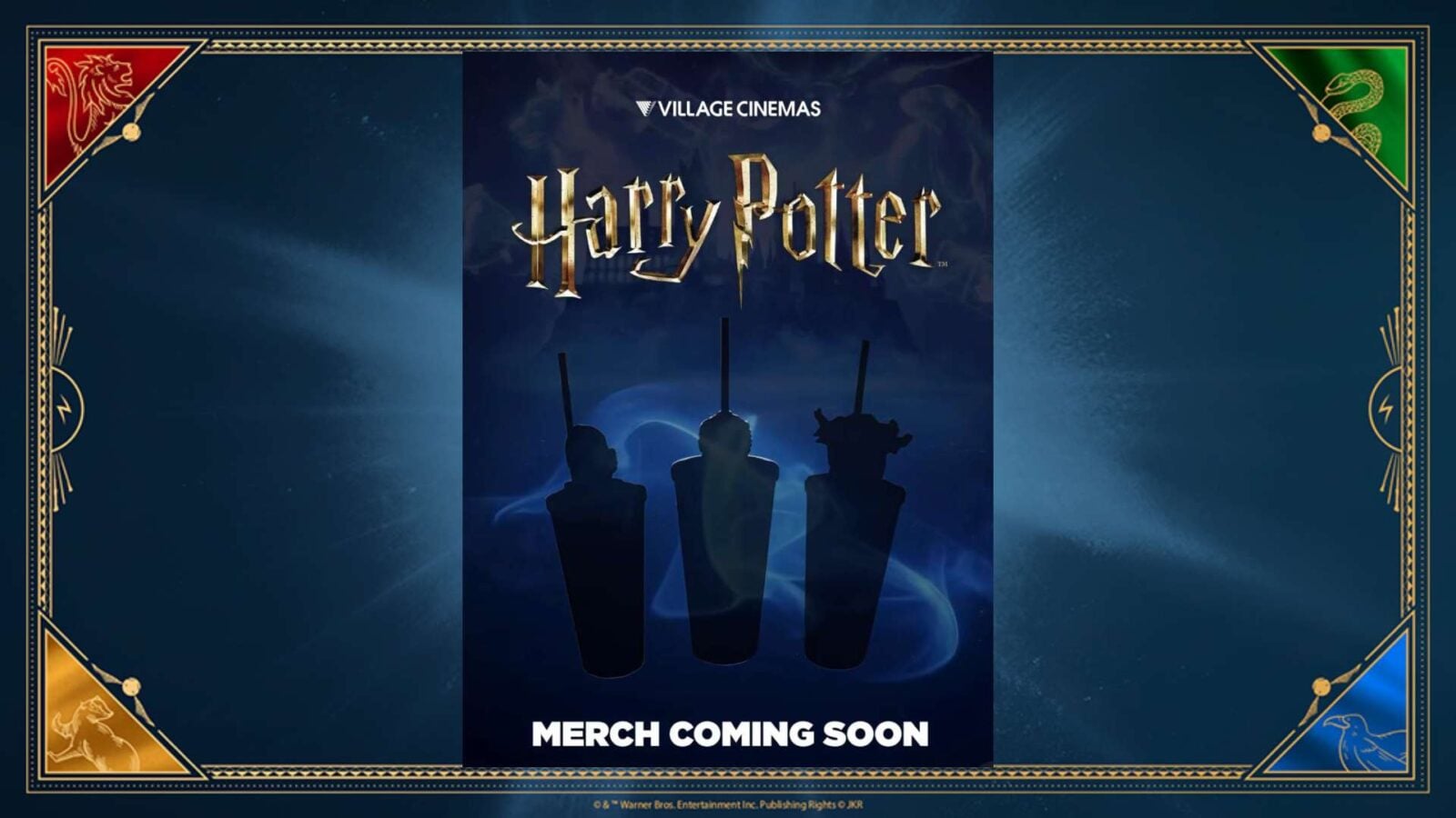Centered Harry Potter poster with three wand silhouettes beneath the golden title framed by an ornate blue and gold cinema border text reads MERCH COMING SOON