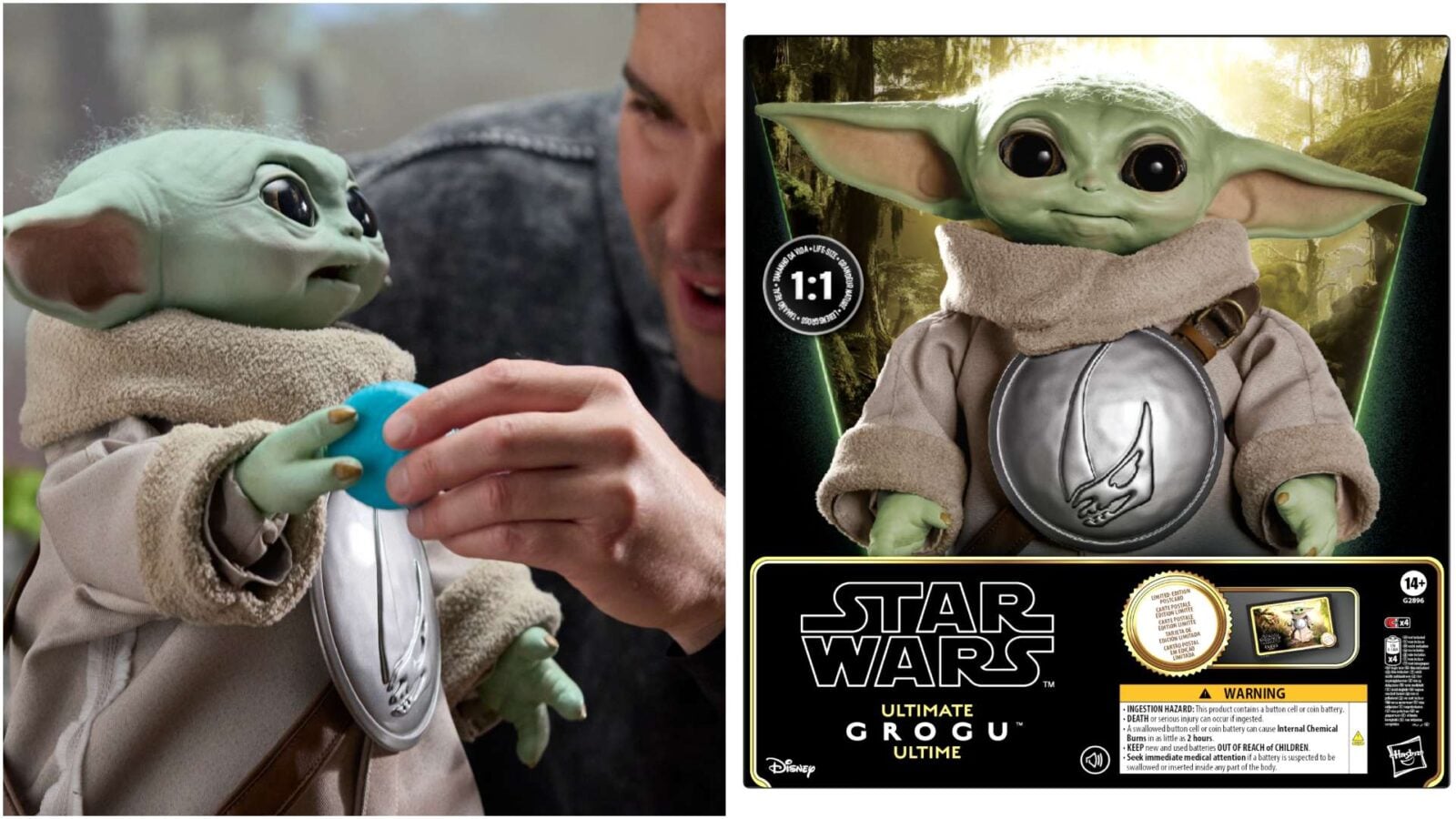 Left Grogu Baby Yoda toy being handed a small blue object by a person close up