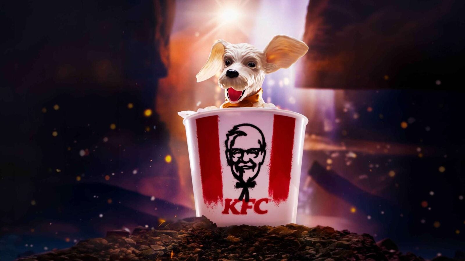 Cute dog popping out of a Kentucky Fried Chicken bucket with dramatic glowing lights in the background