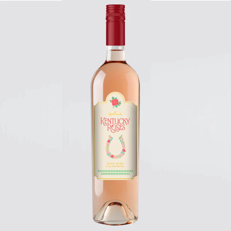 Rosé wine bottle labeled Kentucky Roses with a red cap standing upright against a light gray background